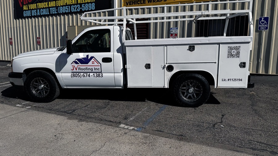 JV Roofing Chevy utility truck decals, Santa Maria CA
